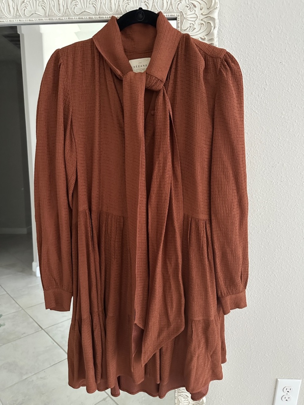 Sézane Selena Rust Brown Textured Tie-Neck Dress Size 36